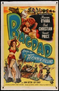 5a008 BAGDAD linen 1sh '50 art of Maureen O'Hara in sexiest harem outfit + Vincent Price on horse!