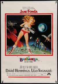 5a009 BARBARELLA linen 1sh '68 sexiest sci-fi art of Jane Fonda by Robert McGinnis, Roger Vadim!
