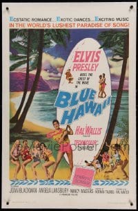 5a020 BLUE HAWAII linen 1sh '61 Elvis Presley plays a ukulele for sexy ladies on the beach!