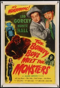 5a024 BOWERY BOYS MEET THE MONSTERS linen 1sh '54 Huntz Hall & Leo Gorcey with wacky ape & robot!