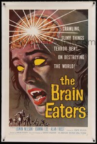 5a026 BRAIN EATERS linen 1sh '58 AIP, classic sci-fi horror art of girl's brain exploding!