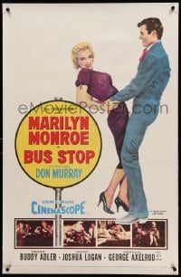 5a034 BUS STOP linen 1sh '56 full-length art of cowboy Don Murray holding sexy Marilyn Monroe!