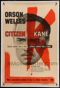 5a042 CITIZEN KANE linen 1sh R56 some called Orson Welles a hero, others called him a heel!