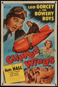 5a043 CLIPPED WINGS linen 1sh '53 Bowery Boys, wacky image of Leo Gorcey watching Hall riding bomb!