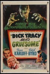 5a060 DICK TRACY MEETS GRUESOME linen 1sh '47 art of horror man Boris Karloff looming over title!