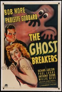 5a095 GHOST BREAKERS linen 1sh '40 great art of Bob Hope, Paulette Goddard & wacky spooky ghost!