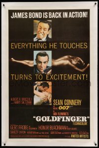 5a098 GOLDFINGER linen glossy 1sh '64 three great images of Sean Connery as James Bond 007!