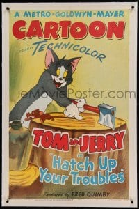 5a112 HATCH UP YOUR TROUBLES linen 1sh '49 cartoon art of Tom holding Jerry on the chopping block!