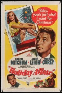 5a119 HOLIDAY AFFAIR linen 1sh '49 sexy Janet Leigh is what Robert Mitchum wants for Christmas!
