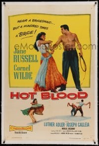 5a120 HOT BLOOD linen 1sh '56 barechested Cornel Wilde grabbing sexy Jane Russell, Nicholas Ray