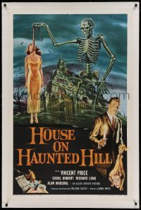 5a121 HOUSE ON HAUNTED HILL linen 1sh '59 classic art of Vincent Price & skeleton with hanging girl!