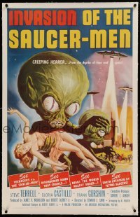 5a130 INVASION OF THE SAUCER MEN linen 1sh '57 classic Kallis art of cabbage head aliens & sexy girl