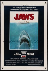 5a132 JAWS linen int'l 1sh '75 art of Spielberg's classic man-eating shark attacking sexy swimmer!