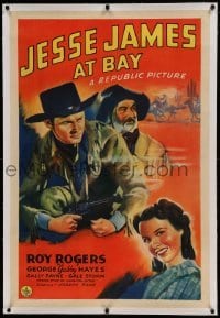 5a135 JESSE JAMES AT BAY linen 1sh '41 art of Roy Rogers w/ smoking gun, Gabby Hayes & Sally Payne!