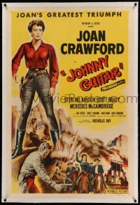 5a136 JOHNNY GUITAR linen 1sh '54 artwork of Joan Crawford reaching for gun, Nicholas Ray classic!