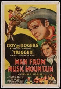 5a153 MAN FROM MUSIC MOUNTAIN linen 1sh '43 art of Roy Rogers, Trigger & The Sons of the Pioneers!