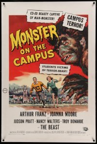 5a165 MONSTER ON THE CAMPUS linen 1sh '58 Reynold Brown art of test tube terror amok on the college!
