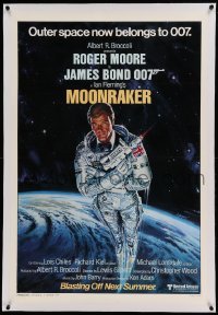 5a169 MOONRAKER linen style A advance 1sh '79 art of Roger Moore as Bond in space by Goozee!