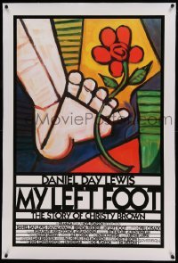 5a173 MY LEFT FOOT linen int'l 1sh '89 Daniel Day-Lewis, cool artwork of foot w/flower by Seltzer!