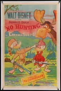 5a180 NO HUNTING linen 1sh '55 art of Donald Duck & grandpappy hunting moose, Disney cartoon, rare!