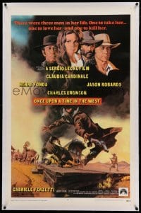 5a184 ONCE UPON A TIME IN THE WEST linen 1sh '69 Leone, art of Cardinale, Fonda, Bronson & Robards!