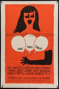 5a185 ONE, TWO, THREE linen 1sh '62 Billy Wilder, James Cagney, Saul Bass art of girl w/ balloons!