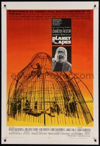 5a194 PLANET OF THE APES linen 1sh '68 Charlton Heston, classic sci-fi, cool art of caged humans!