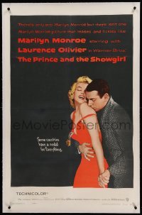 5a200 PRINCE & THE SHOWGIRL linen 1sh '57 Laurence Olivier nuzzles sexy Marilyn Monroe's shoulder!