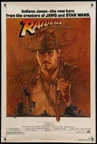 5a208 RAIDERS OF THE LOST ARK linen 1sh '81 great art of adventurer Harrison Ford by Richard Amsel!