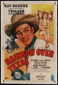 5a209 RAINBOW OVER TEXAS linen 1sh '46 art of Roy Rogers, sexy Dale Evans, Trigger & Gabby Hayes!
