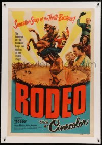 5a222 RODEO linen 1sh '52 lowdown on Daredevil Kings & Queens of the Rodeo Rings, thrill-busters!