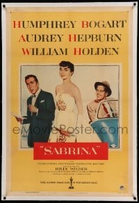 5a227 SABRINA linen 1sh '54 Audrey Hepburn between Humphrey Bogart & William Holden, Billy Wilder!