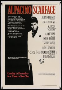 5a230 SCARFACE linen advance 1sh '83 Al Pacino, De Palma, Oliver Stone, rare December version!