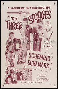 5a231 SCHEMING SCHEMERS linen 1sh '56 Three Stooges Moe, Larry & Shemp, floodtide of fabulous fun!