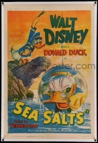 5a232 SEA SALTS linen 1sh '49 Disney cartoon, great art of Captain Donald Duck & his beetle friend!