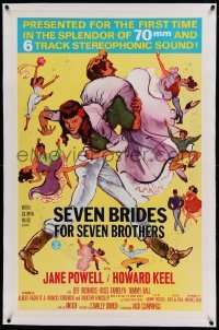 5a237 SEVEN BRIDES FOR SEVEN BROTHERS linen 1sh R68 art of Jane Powell & Howard Keel, MGM musical!