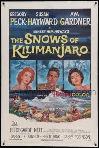 5a244 SNOWS OF KILIMANJARO linen 1sh '52 art of Gregory Peck, Susan Hayward & Ava Gardner in Africa!