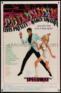 5a248 SPEEDWAY linen 1sh '68 art of Elvis Presley dancing with sexy Nancy Sinatra in boots!