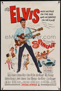 5a250 SPINOUT linen 1sh '66 Elvis playing a double-necked guitar, foot on the gas & no brakes on fun