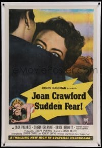 5a258 SUDDEN FEAR linen style B 1sh '52 terrified Joan Crawford, Jack Palance, Gloria Grahame