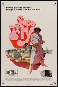 5a261 SUPER FLY linen 1sh '72 Tom Jung art of Ron O'Neal with car & girl sticking it to The Man!