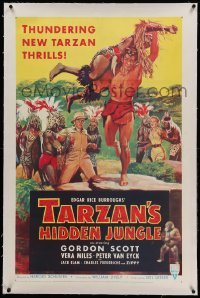 5a269 TARZAN'S HIDDEN JUNGLE linen 1sh '55 art of Gordon Scott rescuing Vera Miles, Zippy the chimp!