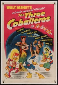 5a277 THREE CABALLEROS linen 1sh '44 Disney, cartoon art of Donald Duck, Panchito & Joe Carioca!