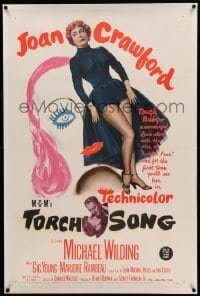 5a281 TORCH SONG linen 1sh '53 unusual art of tough baby Joan Crawford, a wonderful love story!