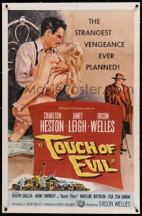 5a282 TOUCH OF EVIL linen 1sh '58 Bob Tollen art of Orson Welles, Charlton Heston & Janet Leigh!