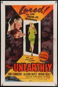 5a287 UNEARTHLY linen 1sh '57 John Carradine & sexy Sally Todd lured to the house of monsters!
