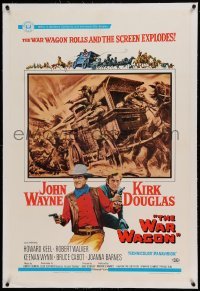 5a293 WAR WAGON linen 1sh '67 cowboys John Wayne & Kirk Douglas, western armored stagecoach artwork!