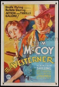5a296 WESTERNER linen 1sh '34 wonderful art of cowboy Tim McCoy protecting Marion Shilling, rare!