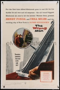 5a307 WRONG MAN linen 1sh '57 Henry Fonda, Vera Miles, Alfred Hitchcock, cool rear view mirror art!