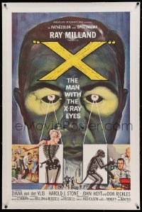 5a308 X: THE MAN WITH THE X-RAY EYES linen 1sh '63 Ray Milland strips souls & bodies, cool art!